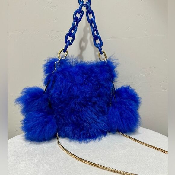 Multi Style Use Handmade Real Shearling  Drawstring Bucket Bag with 4 Fur Balls - Picture 9 of 17